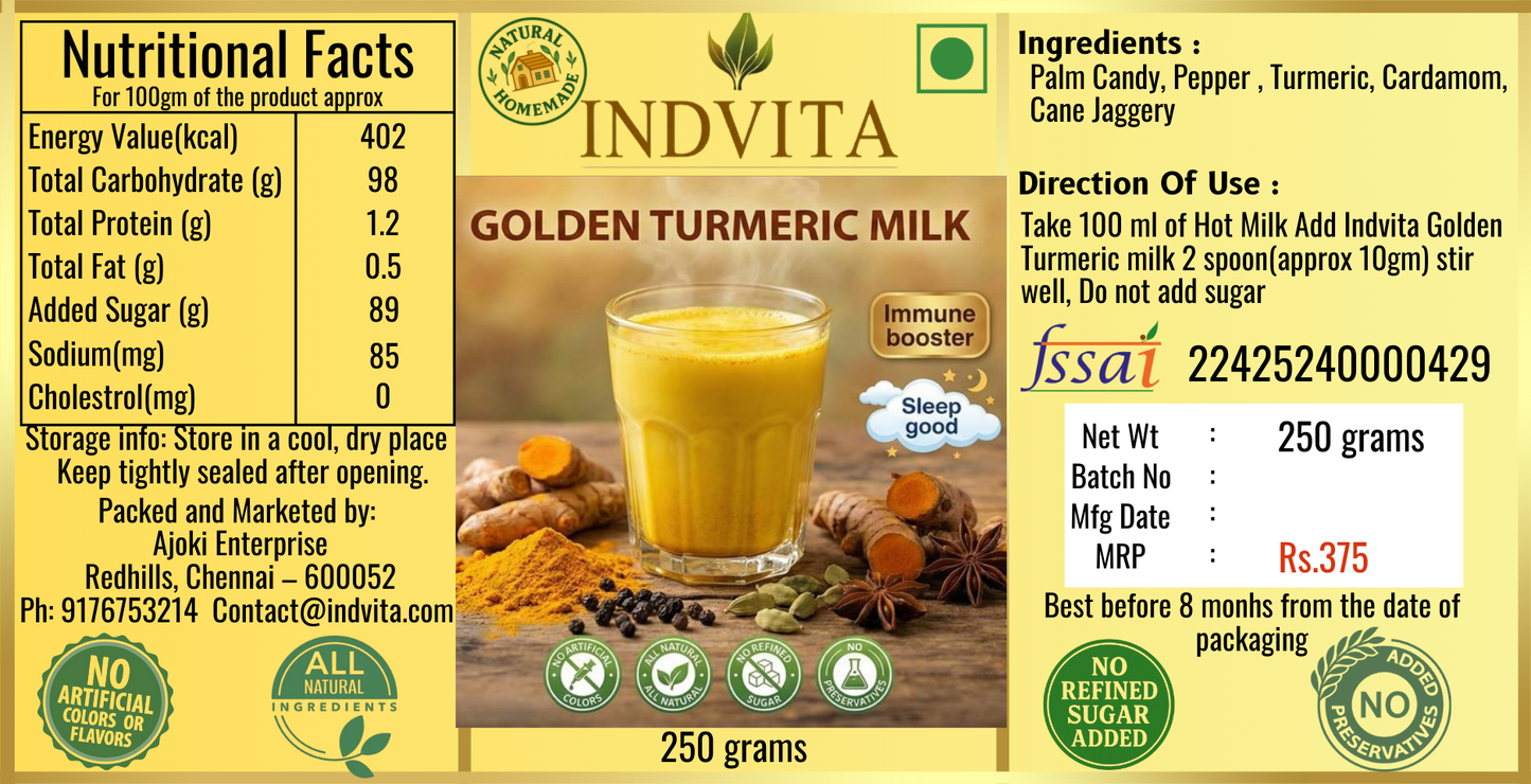 Golden Turmeric Milk Powder with Pepper & Cardamom | Traditional Ayurvedic Drink | Natural Immunity Booster Drink | Caffeine Free