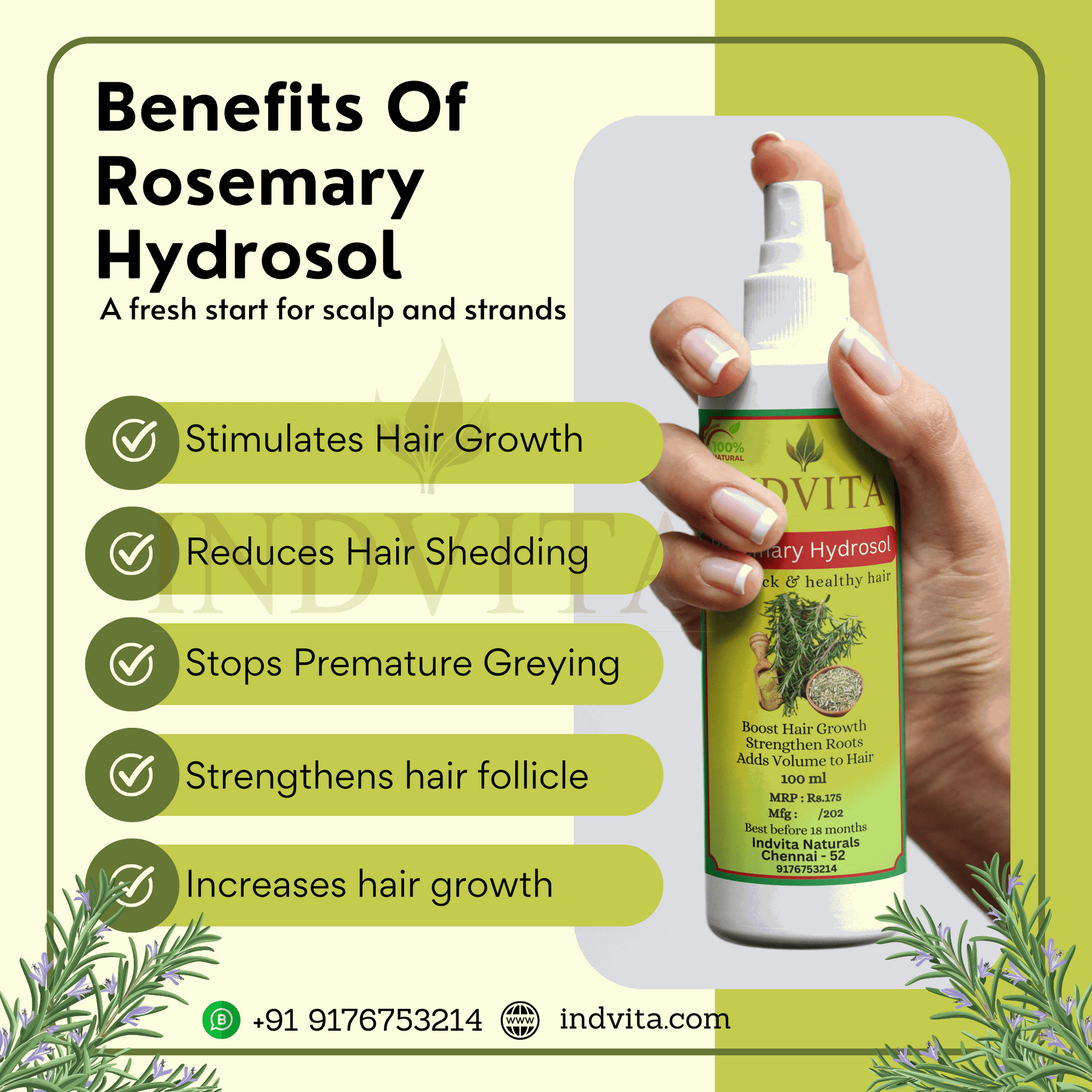 Rosemary Hydrosol for Scalp & Skin Health - INDVITA